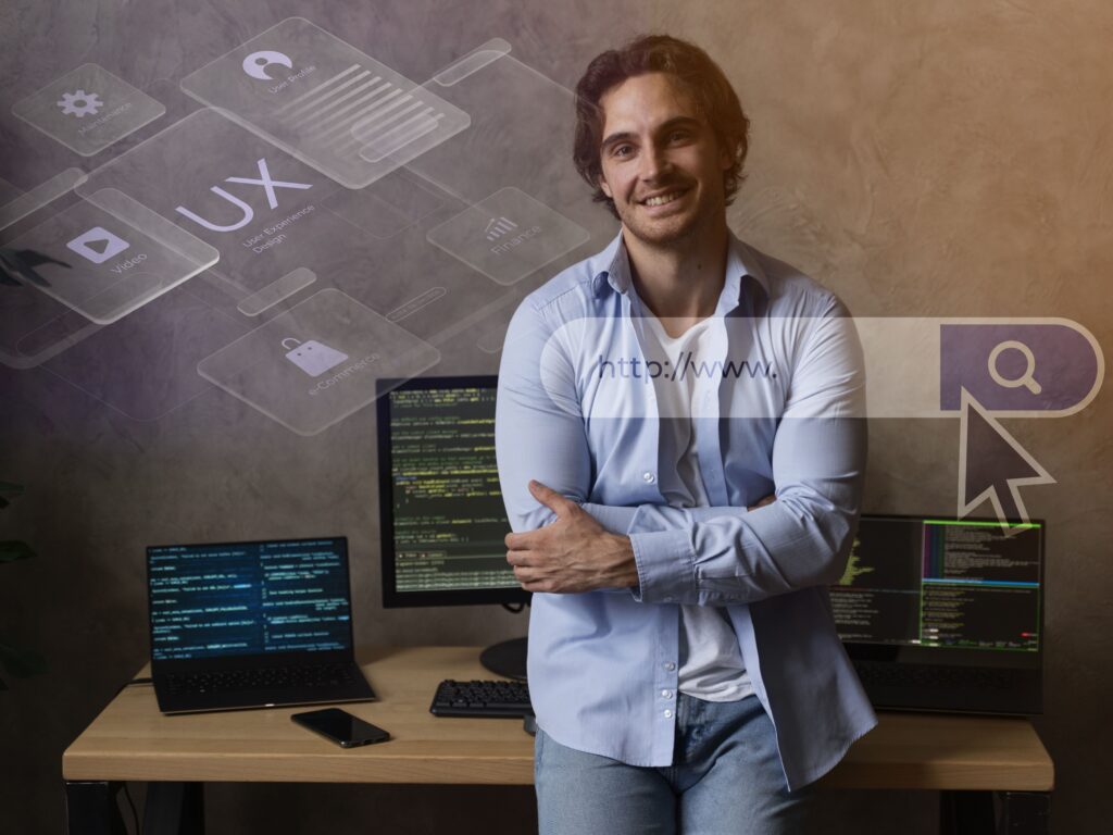 profissional de SEO em um escritório com computador e imagens que traduzem uma auditoria de SEO