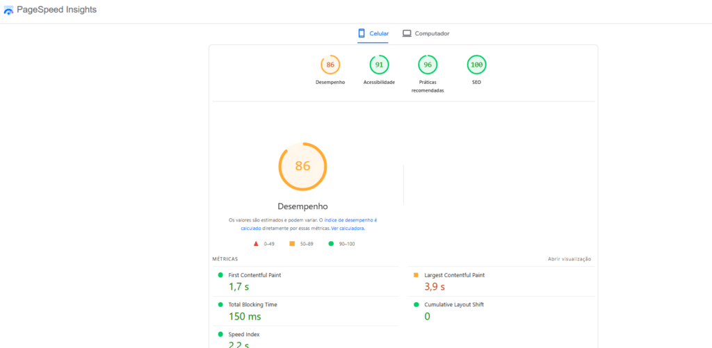 print da tela do page speed