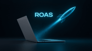 notebook com um foguete virtual saindo da tela e escrito ROAS indicando o que é ROAS