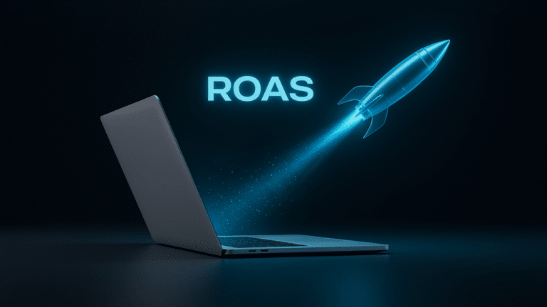 notebook com um foguete virtual saindo da tela e escrito ROAS indicando o que é ROAS